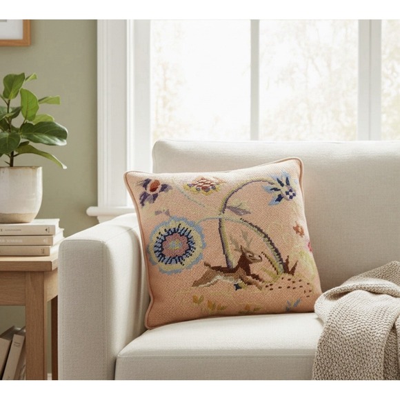 The Unbranded Brand Other - Vintage Floral Stag Peach Pillow Cross-stitch Cottagecore Heritage Decor Style